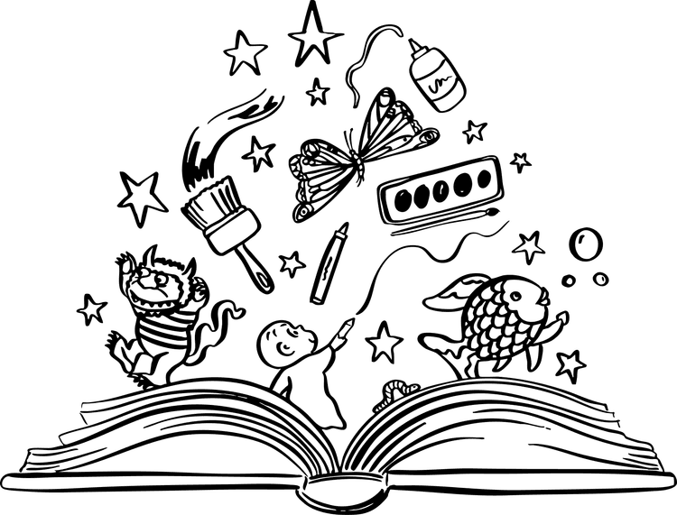 Storybook Studio illustration — an open storybook with art supplies and whimsical characters
